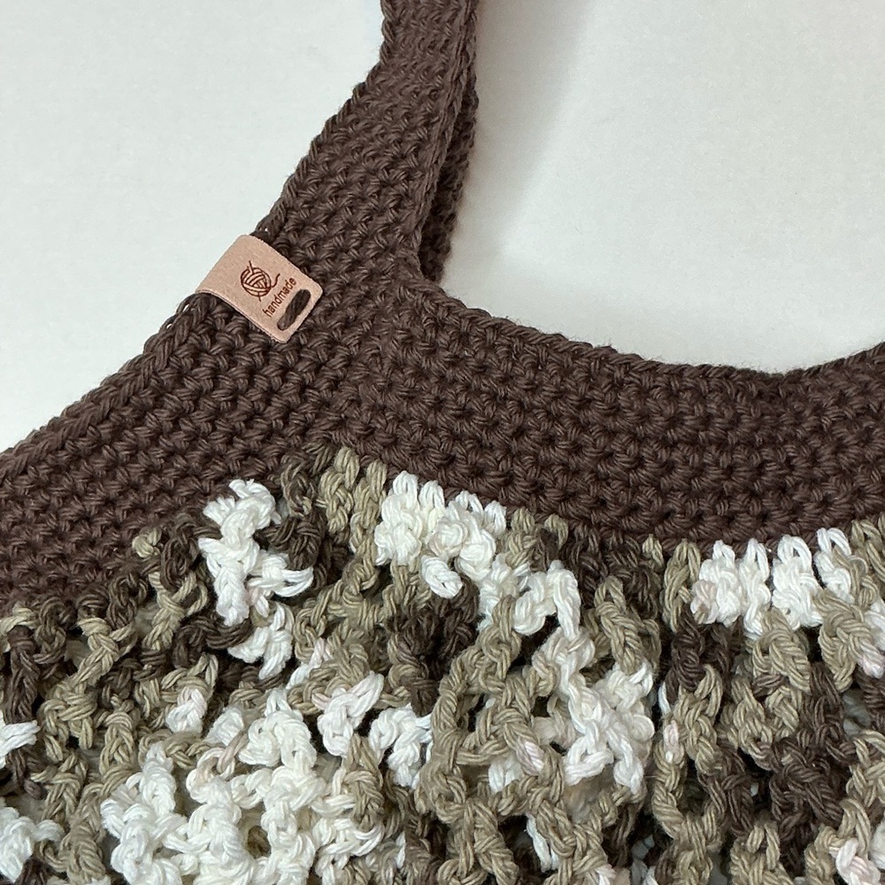 Large Crochet Mesh Market Bag Brown White Cotton Handcrafted Handmade Reusable - Picture 5 of 16